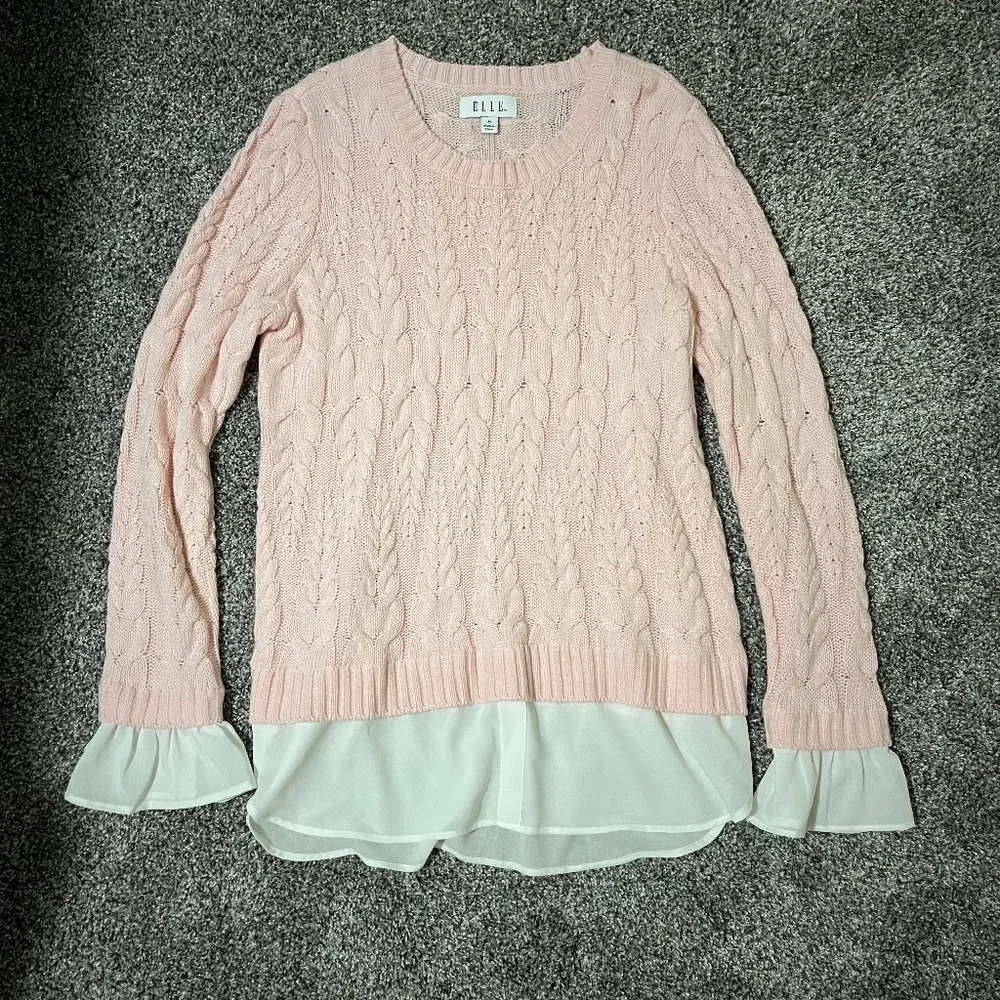ELLE Women's Mock-layer Cable Knit Sweater; Pink; Size M - Picture 16 of 16